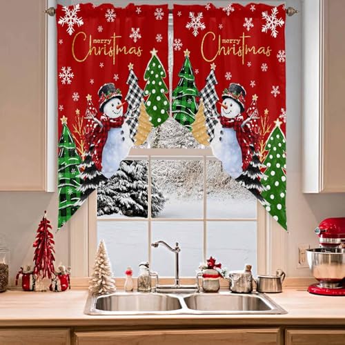 Red Green Snowman Christmas Window Valance 28x36in - 1 Pair Slim Scalloped Swag Curtains