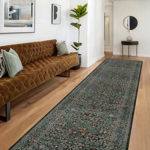Dark Green & Black 3x10 ft Extra Long Runner Rug for Hallway Kitchen Non Slip Washable Vintage Floral