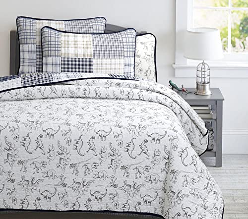 Queen Dinosaur Plaid Cotton Reversible Bedding Quilt Set for Kids Boy - Cozy Line Home Fashions