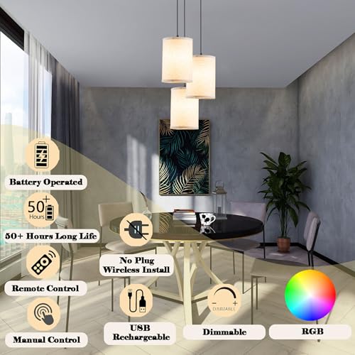 Civaza Battery Operated Pendant Lights 3-Pack with Remote, Rechargeable LED Hanging Lamps for Kitchen & Living Room