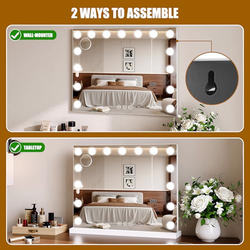 Large 23x18 Inch Hollywood Vanity Mirror with Lights & 10X Magnification - Dimmable 3-Color LED Bulbs - White - Desk Makeup Mirror
