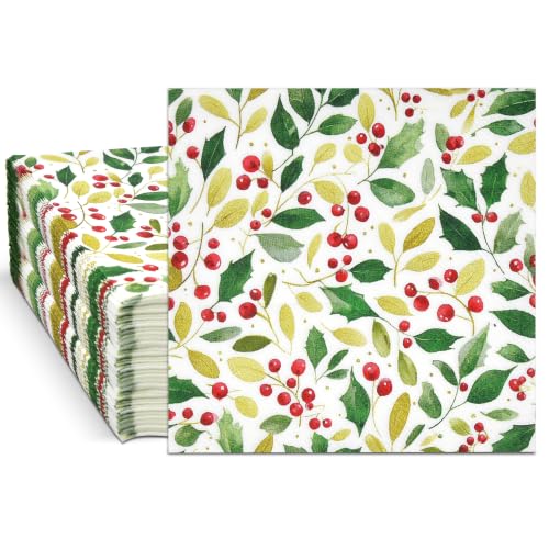 Christmas Holly Berry Cocktail Napkins - 50 Pack for Holiday Parties
