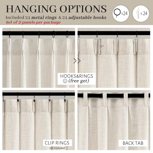 Birch Light Filtering Linen Curtains 60x84 Inches - Pack of 2, Rustic Ivory Semi Sheer Drapes with Pinch Pleats