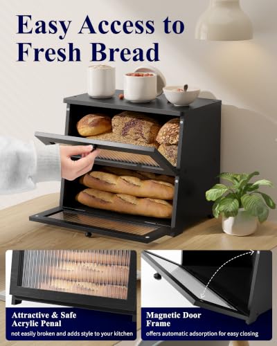 Kitsure Wooden Bread Box with 2-Tier Black Countertop Storage