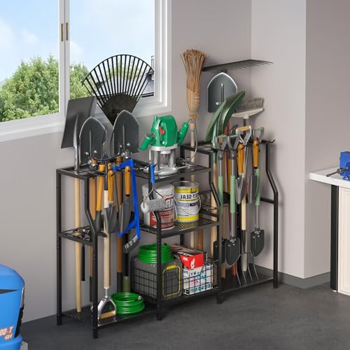 XXL Garden Tool Organizer Rack - Heavy Duty 3-Tier Yard Storage Tower with Hooks