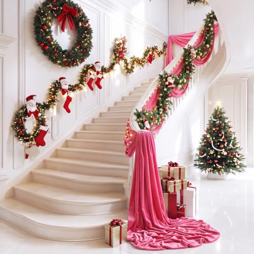 Pink Velvet Christmas Mantel Garland 16.4 ft with Ties & Pins (Brand: Teyva Daily) - Extra-Long Winter Decor