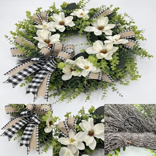 24-Inch Magnolia Wreath with Buffalo Plaid Bow | Farmhouse Front Door Decor