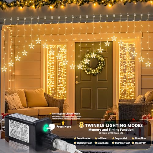 Woohaha Christmas Star Icicle Curtain Lights 118LED Warm White - Outdoor Indoor Decor