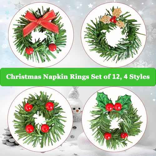 Christmas Napkin Rings Set of 12, Holly Pine Needle Berry Napkin Rings Bow Wreath Leaf Napkin Ring Holders for Christmas Holiday Banquet Party Table Decoration, 4 Style