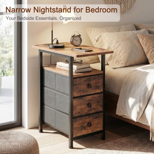 Narrow Side Table with Charging Station - Brown Power Style, Small End Table