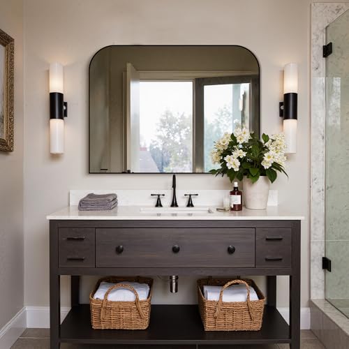 Black Metal Framed Bathroom Mirror 30x40 Inches Over Sink - Modern Wall Mirror Variation