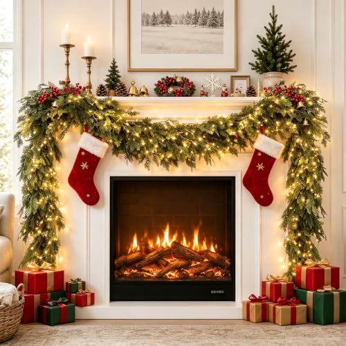 9FT Christmas Cedar Garland with 16.4FT Lights - Real Touch Faux Pine for Indoor/Outdoor Decor