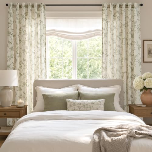 Charlotte Green Linen Floral Curtains - Farmhouse 50x84 Inches, Pack of 2