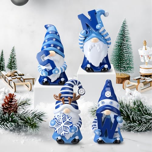 ShinyRelief 4 Pcs Resin Winter Gnome Figurines Decoration - Blue White Snow