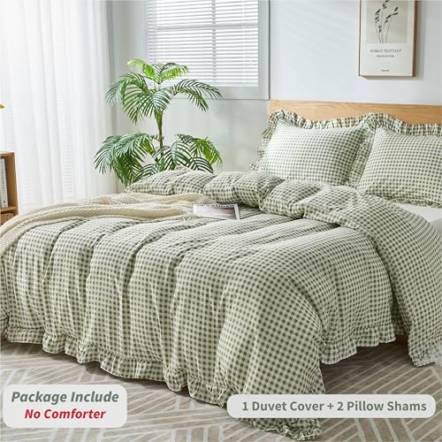 Kisswish Sage Green Queen Gingham Duvet Cover Set with Pillow Shams, Vintage Farmhouse Style