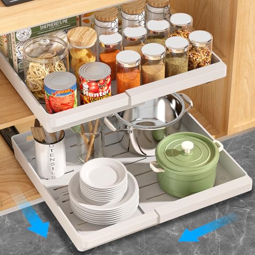 DOMNIU Expandable White Pull Out Cabinet Organizer 16.9" Depth - 2 Pack