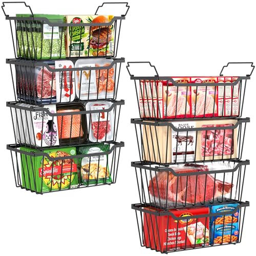 SUNALLY Black Stackable Freezer Organizer Bins - 8 Pack, Space-Saving Storage