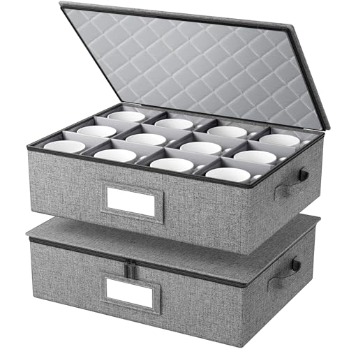 Mug Storage Box 2 Pack - Hard Shell Divider Organizer for Coffee Mugs & Glasses, Stackable Kitchen & Moving Storage