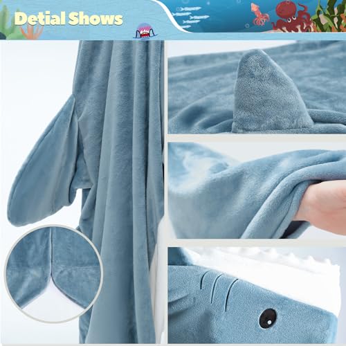 Adult Shark Blanket Hoodie Blue L for 63-71 Inch Height Cozy Wearable Throw