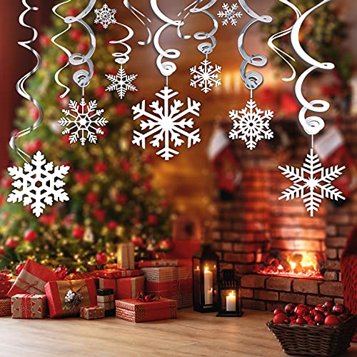 40Ct Christmas Snowflake Hanging Swirl Decorations,Christmas Hanging Ceiling Streamers Snowflake Hanging Swirls and Strings Decoration, Winter Party Wonderland Xmas Holiday Decor Supplies