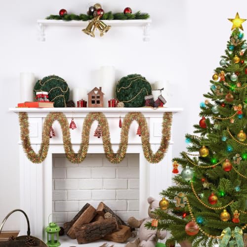 118 Feet Red Green Gold Christmas Tinsel Garland, Metallic Twist