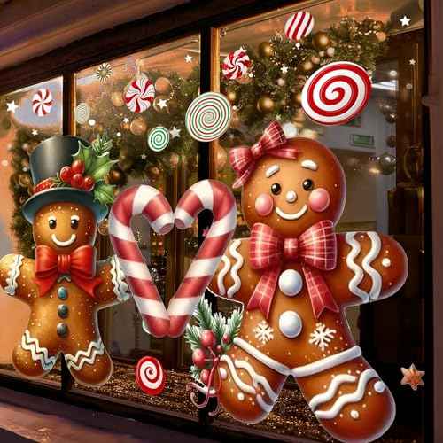 Christmas Window Clings Decorations:Extra Large Gingerbread Man Window Clings Watercolor Rustic Xmas Stickers for Kids Home Office School Winter Holiday D?cor Christmas Decorations