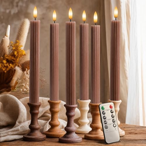Brown Tan 6 Pack 10-Inch Flameless LED Candles Remote Timer Dimmable Safe Decor
