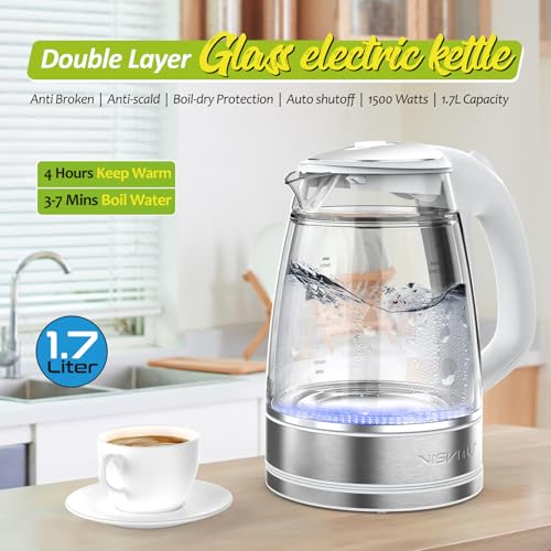 Electric Kettle 1.7L Dual Wall Cool Touch BPA-Free Glass Inner - White
