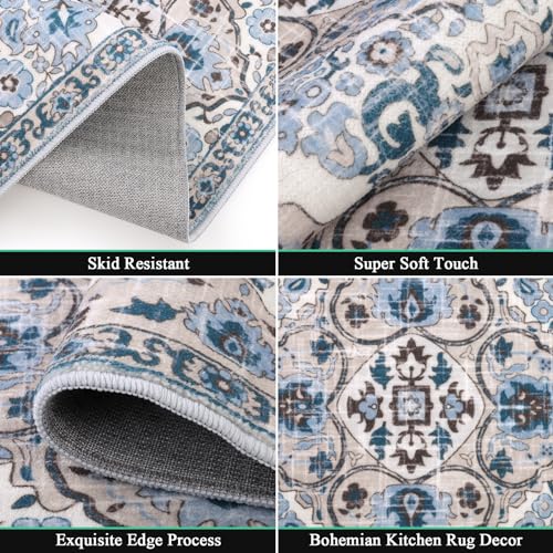 HEBE Boho Kitchen Rugs Set of 3 - Non Slip Washable Floor Mats, Blue, 20x32/48/59 inches