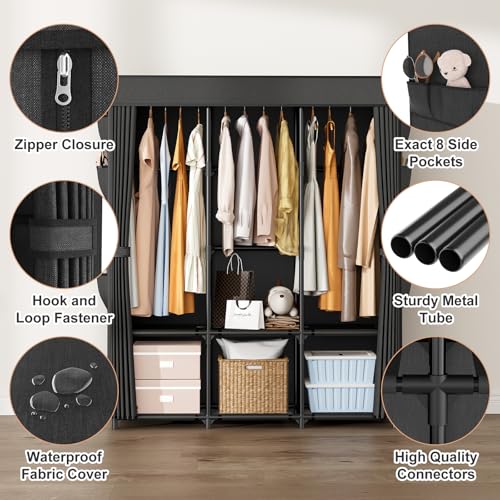 Black Portable Wardrobe Closet with Cover, 3 Hanging Rods & 6 Shelves - 49.2" Wide