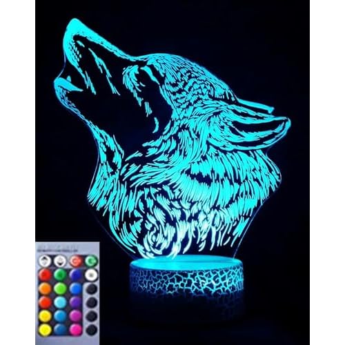 3D Wolf Night Light Lamp Illusion Night Light 16 Color Changing Table Desk Decoration Lamps Gift Acrylic Flat ABS Base USB Cable Toy