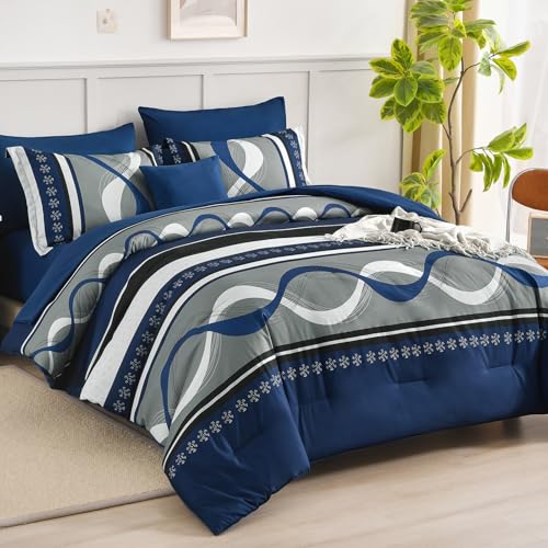 King Size Comforter Set Navy Blue Boho Bed in a Bag - Patchwork Design