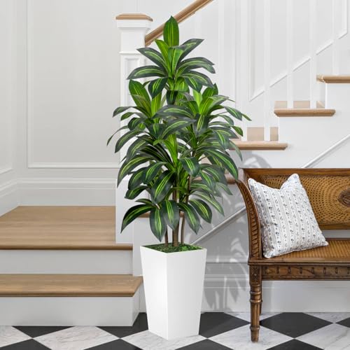 VIVATREES 5ft Artificial Dracaena Tree with White Planter - Indoor & Outdoor Faux Tree
