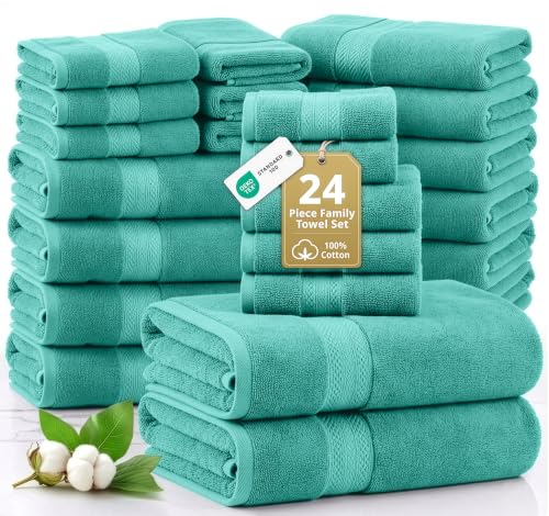 LANE LINEN 24-Piece Cotton Bath Towel Set - Teal, Quick Dry & Ultra Soft