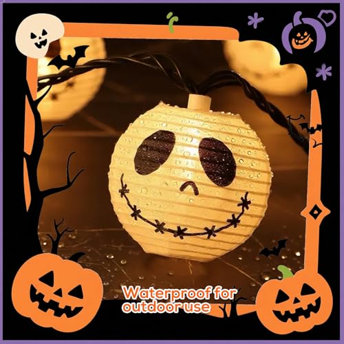 Halloween Decorations Ghost Lantern String Lights Plug in, 10 Pack Ghost Jack Skellington White Lantern Lights with Black Cord, Spooky Lights Outdoor for Halloween Spooky Mantel Decor