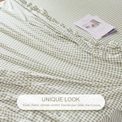 Kisswish Sage Green Gingham Queen Bed Sheet Set with Ruffle Edges, Microfiber, Deep Pocket