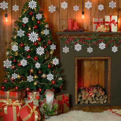 42pcs White Snowflake Ornaments - Christmas Tree Decorations, Hanging Snowflake Decor, Plastic Glitter Snow Flakes for Christmas, Winter, Party