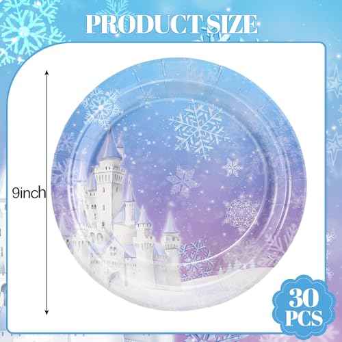 30 Pcs Frozen Plates, 9inch Winter Snowflake Paper Plates Christmas Dessert Dinner Plate for Winter Wonderland Party, Frozen Birthday