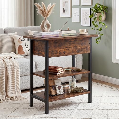 GRUSIGN Rustic Brown End Table with Charging Station, Flip Top Drawer & Storage