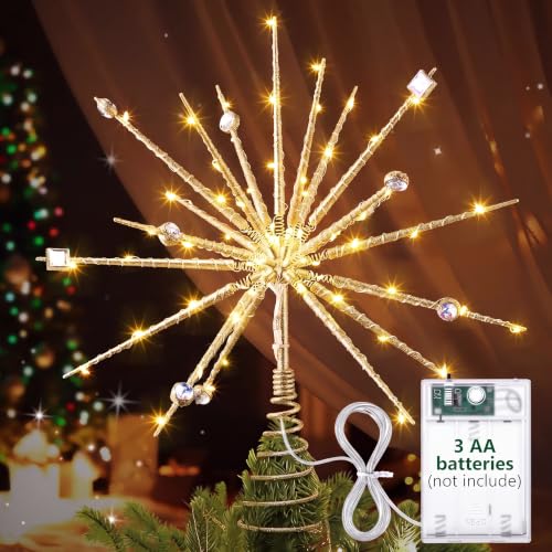 ElectricWise 15-Inch Gold LED Starburst Christmas Tree Topper with Timer & Battery