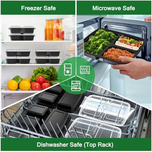 Dealusy 50 Pack 32 oz Reusable Meal Prep Containers with Lids - Black, 3-Compartment
