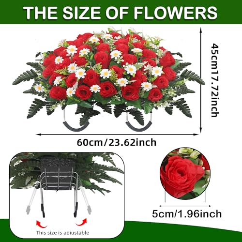 Lodou Red Artificial Cemetery Flower Saddle for Memorial Graves Headstones