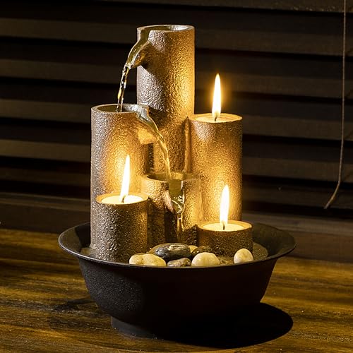 Indoor Tiered Water Fountain with Candle Holders - Brown, 11"