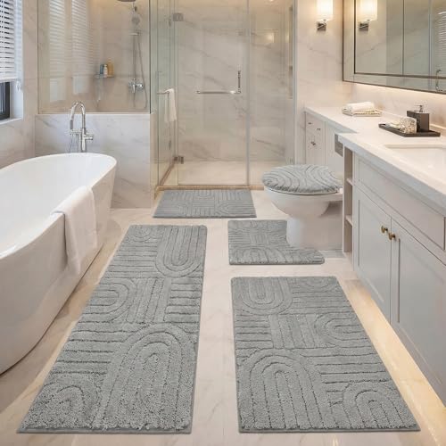 Bathroom Rugs Set 5 Pieces - Microfiber Non-Slip Shower Mat & Contour Toilet Rug, Grey, 18x26/20x32/20x48/U20x24/Cover19x21