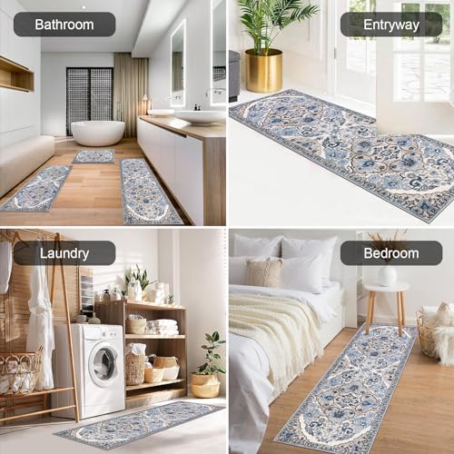 HEBE Boho Kitchen Rugs Set of 3 - Non Slip Washable Floor Mats, Blue, 20x32/48/59 inches