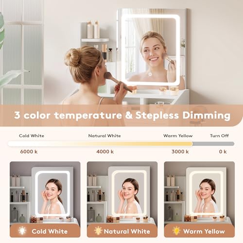 24-Inch White Makeup Vanity Set with Lighted Mirror & Storage Stool