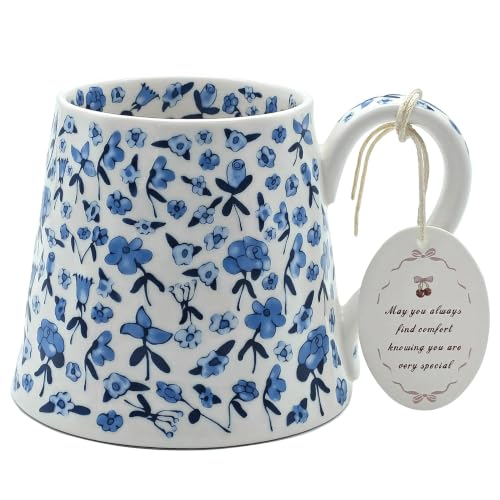 MOCERAKAI Blue Large Ceramic Flower Mug 13.5oz - Handmade Irregular Tea Coffee Cup for Women