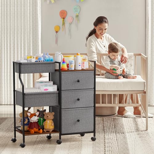 Baby Diaper Caddy Organizer Rolling Cart with Dividers and Drawers - Grey