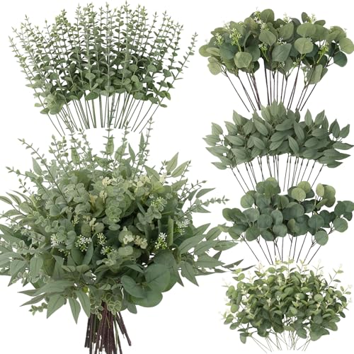 Artificial Eucalyptus Stems Bulk - 260 Green Faux Greenery for Wedding & Home Decor - Variation of 260