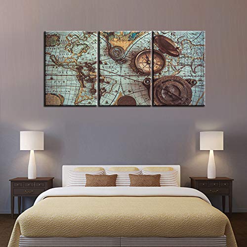 3 Panel Canvas Wall Art Historical World Map Pictures for Living Room Teal Blue Artwork Premium Quality Prints Paintings Giclee House Modern Decor Wooden Framed Stretched Ready to Hang(60''Wx28'')